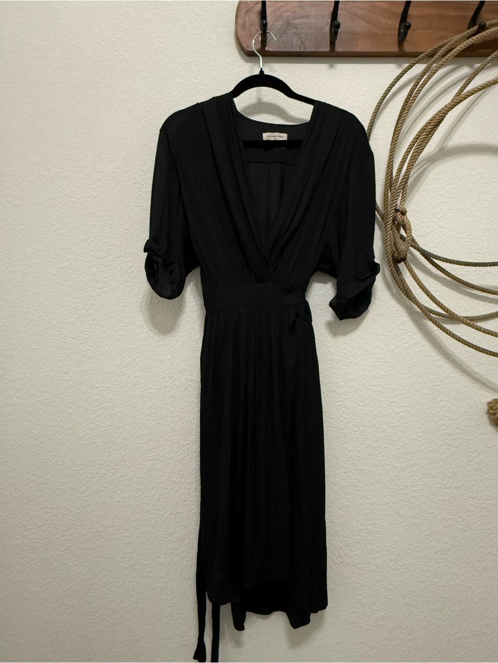Isabel Marant Etoile Black Pleated Wrap Midi Dress Size FR 42 US 10 L